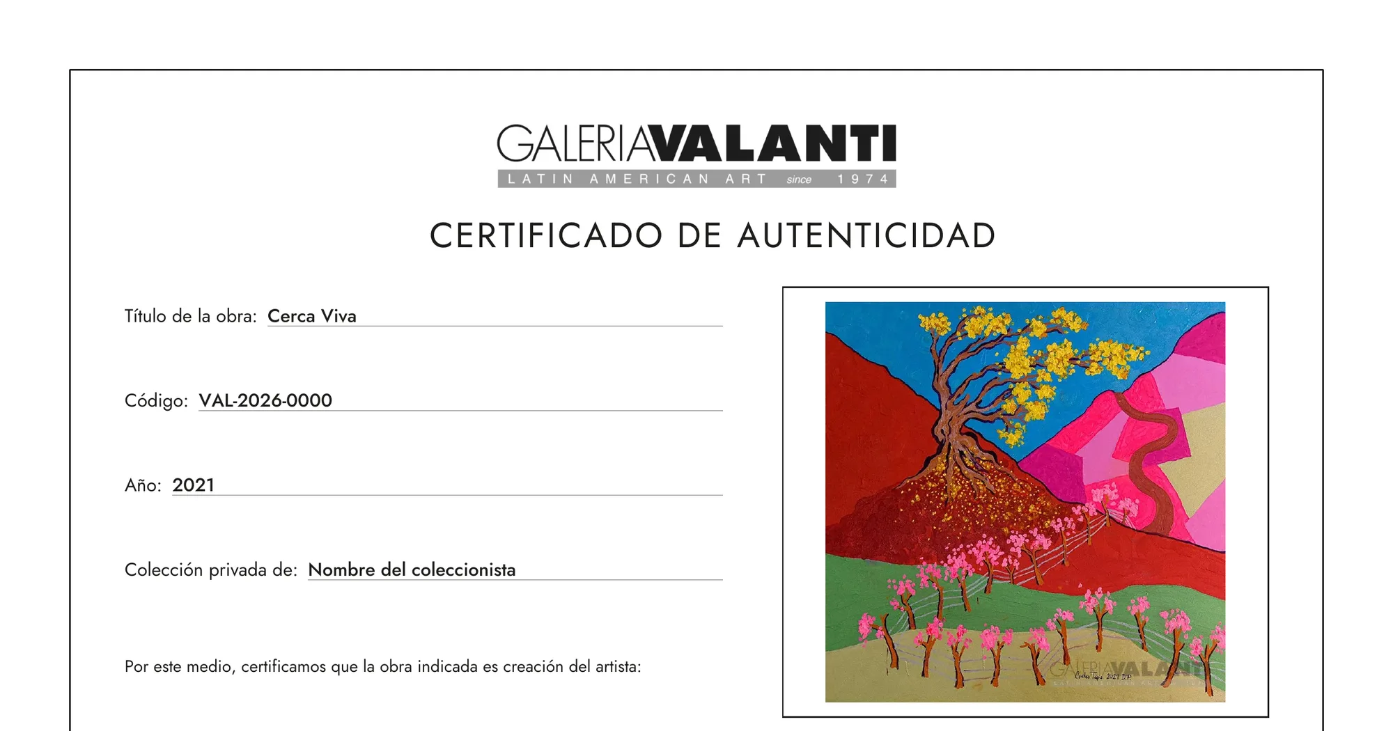 Galería Valanti certificate of authenticity with a photograph of the work.