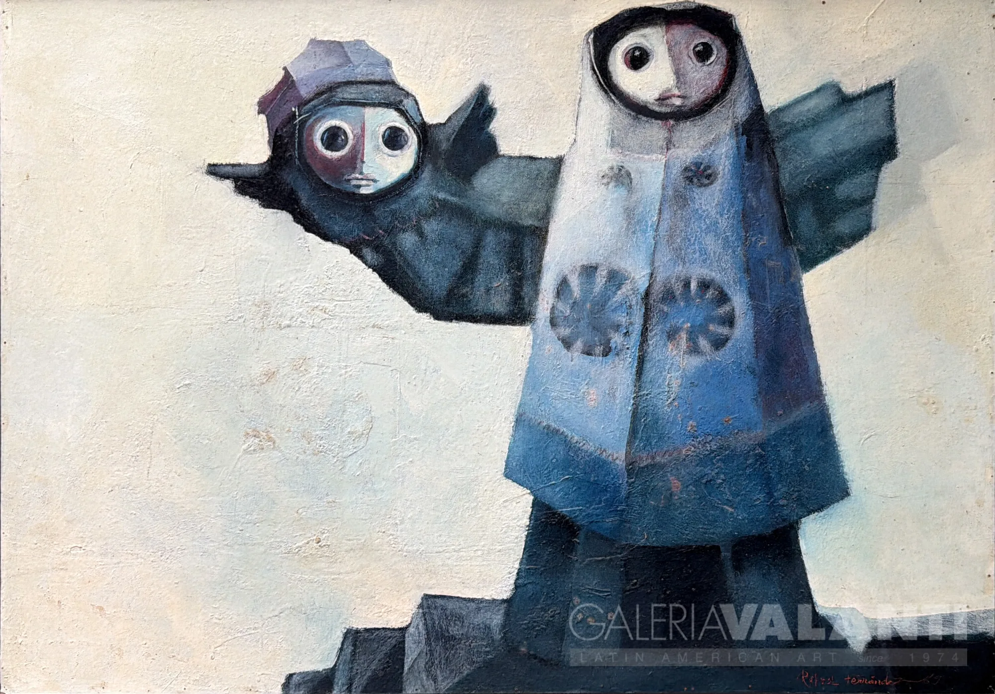 Anunciacion, by Rafael Fernández. Four round, wide eyes dominate the surface, stripping the sacred passage of any complacent sweetness to restore its character of archaic mystery.